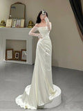 Niulatu Mermaid Long Sleeves Off The Shoulder Long Satin Wedding Dresses HZ1110