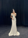 Niulatu Mermaid Off The Shoulder Short Sleeves Long Satin Wedding Dresses HZ1110