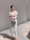 Niulatu A Line Long Sleeves White Silk Satin Long Prom Dresses HZ1110