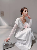 Niulatu A Line Long Sleeves White Silk Satin Long Prom Dresses HZ1110