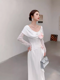 Niulatu A Line Long Sleeves White Silk Satin Long Prom Dresses HZ1110