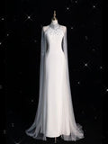 Niulatu Mermaid High Neckline White Long Satin Wedding Dresses With Cape HZ1110