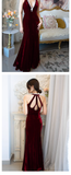 Niulatu Mermaid Halter Sleeveless Velvet Burgundy Long Prom Dresses HZ1110