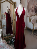 Niulatu Mermaid Halter Sleeveless Velvet Burgundy Long Prom Dresses HZ1110