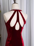 Niulatu Mermaid Halter Sleeveless Velvet Burgundy Long Prom Dresses HZ1110