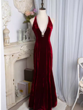 Niulatu Mermaid Halter Sleeveless Velvet Burgundy Long Prom Dresses HZ1110