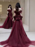 Niulatu Mermaid Off The Shoulder Burgundy Satin Long Prom Dress HZ1110