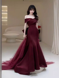 Niulatu Mermaid Off The Shoulder Burgundy Satin Long Prom Dress HZ1110