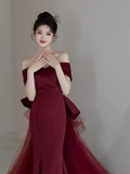 Niulatu Mermaid Off The Shoulder Burgundy Satin Long Prom Dress HZ1110