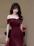 Niulatu Mermaid Off The Shoulder Burgundy Satin Long Prom Dress HZ1110
