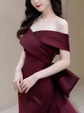 Niulatu Mermaid Off The Shoulder Burgundy Satin Long Prom Dress HZ1110
