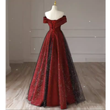 Niulatu A line Off The Shoulder Burgundy Tulle Long Prom Dress HZ1110