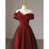 Niulatu A line Off The Shoulder Burgundy Tulle Long Prom Dress HZ1110