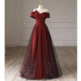 Niulatu A line Off The Shoulder Burgundy Tulle Long Prom Dress HZ1110