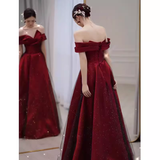 Niulatu A line Off The Shoulder Burgundy Tulle Long Prom Dress HZ1110