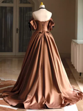 Niulatu A line Off The Shoulder Brown Satin Long Prom Dress HZ1110