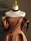Niulatu A line Off The Shoulder Brown Satin Long Prom Dress HZ1110