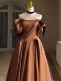Niulatu A line Off The Shoulder Brown Satin Long Prom Dress HZ1110