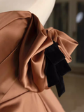 Niulatu A line Off The Shoulder Brown Satin Long Prom Dress HZ1110