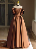 Niulatu A line Off The Shoulder Brown Satin Long Prom Dress HZ1110