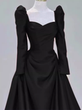 Niulatu A line Long Sleeves Black Satin Long Prom Dress HZ1110