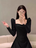 Niulatu A line Long Sleeves Black Satin Long Prom Dress HZ1110