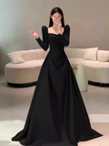 Niulatu A line Long Sleeves Black Satin Long Prom Dress HZ1110
