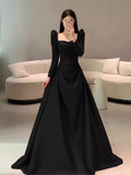 Niulatu A line Long Sleeves Black Satin Long Prom Dress HZ1110