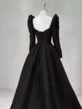 Niulatu A line Long Sleeves Black Satin Long Prom Dress HZ1110