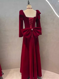 Niulatu A line Long Sleeves Red Velvet Long Prom Dress HZ1110