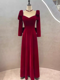 Niulatu A line Long Sleeves Red Velvet Long Prom Dress HZ1110