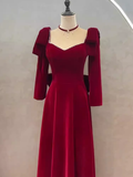 Niulatu A line Long Sleeves Red Velvet Long Prom Dress HZ1110