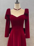 Niulatu A line Long Sleeves Red Velvet Long Prom Dress HZ1110