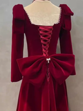 Niulatu A line Long Sleeves Red Velvet Long Prom Dress HZ1110