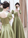 Niulatu A line Short Sleeves Sage Green Satin Long Prom Dress HZ1110