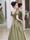 Niulatu A line Short Sleeves Sage Green Satin Long Prom Dress HZ1110