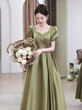 Niulatu A line Short Sleeves Sage Green Satin Long Prom Dress HZ1110