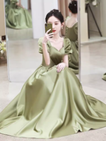 Niulatu A line Short Sleeves Sage Green Satin Long Prom Dress HZ1110