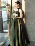 Niulatu A line Sweetheart Satin Green Long Prom Dress HZ1110