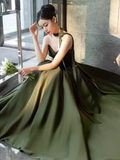 Niulatu A line Sweetheart Satin Green Long Prom Dress HZ1110