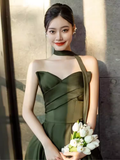 Niulatu A line Sweetheart Satin Green Long Prom Dress HZ1110