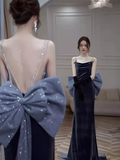 Niulatu Mermaid Straps Velvet Navy Blue Long Prom Dress HZ1110