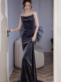 Niulatu Mermaid Straps Velvet Navy Blue Long Prom Dress HZ1110