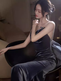 Niulatu Mermaid Straps Velvet Navy Blue Long Prom Dress HZ1110