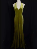 Niulatu Mermaid Halter Sleeveless Velvet Green Long Prom Dresses HZ1110
