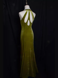 Niulatu Mermaid Halter Sleeveless Velvet Green Long Prom Dresses HZ1110