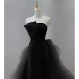 Niulatu Mermaid Strapless Sleeveless Black Satin Long Prom Dress HZ1110