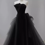 Niulatu Mermaid Strapless Sleeveless Black Satin Long Prom Dress HZ1110