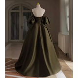 Niulatu A line Off The Shoulder Short Sleeves Green Satin Long Prom Dress HZ1110