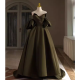 Niulatu A line Off The Shoulder Short Sleeves Green Satin Long Prom Dress HZ1110